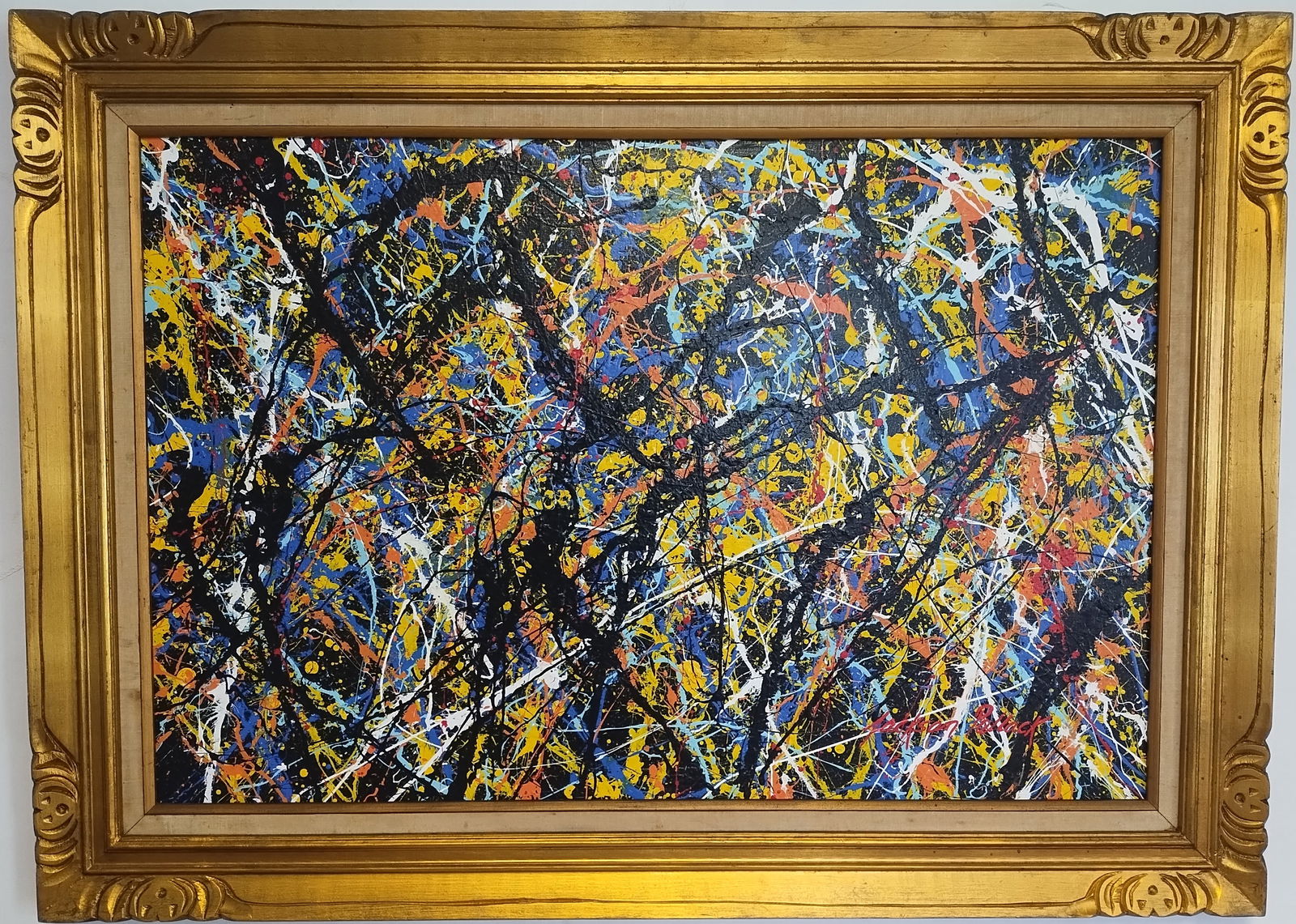 Jackson Pollock Abstract Art Painting on Canvas Framed: Jackson Pollock Abstract Art Painting on Canvas Framed. Approx Painting Size:: 24 x 36 inches. Approx Frame Size: 31 1/2 x 43 1/2 x 2 inches.Golden Wood Any condition statement is given as a courtesy