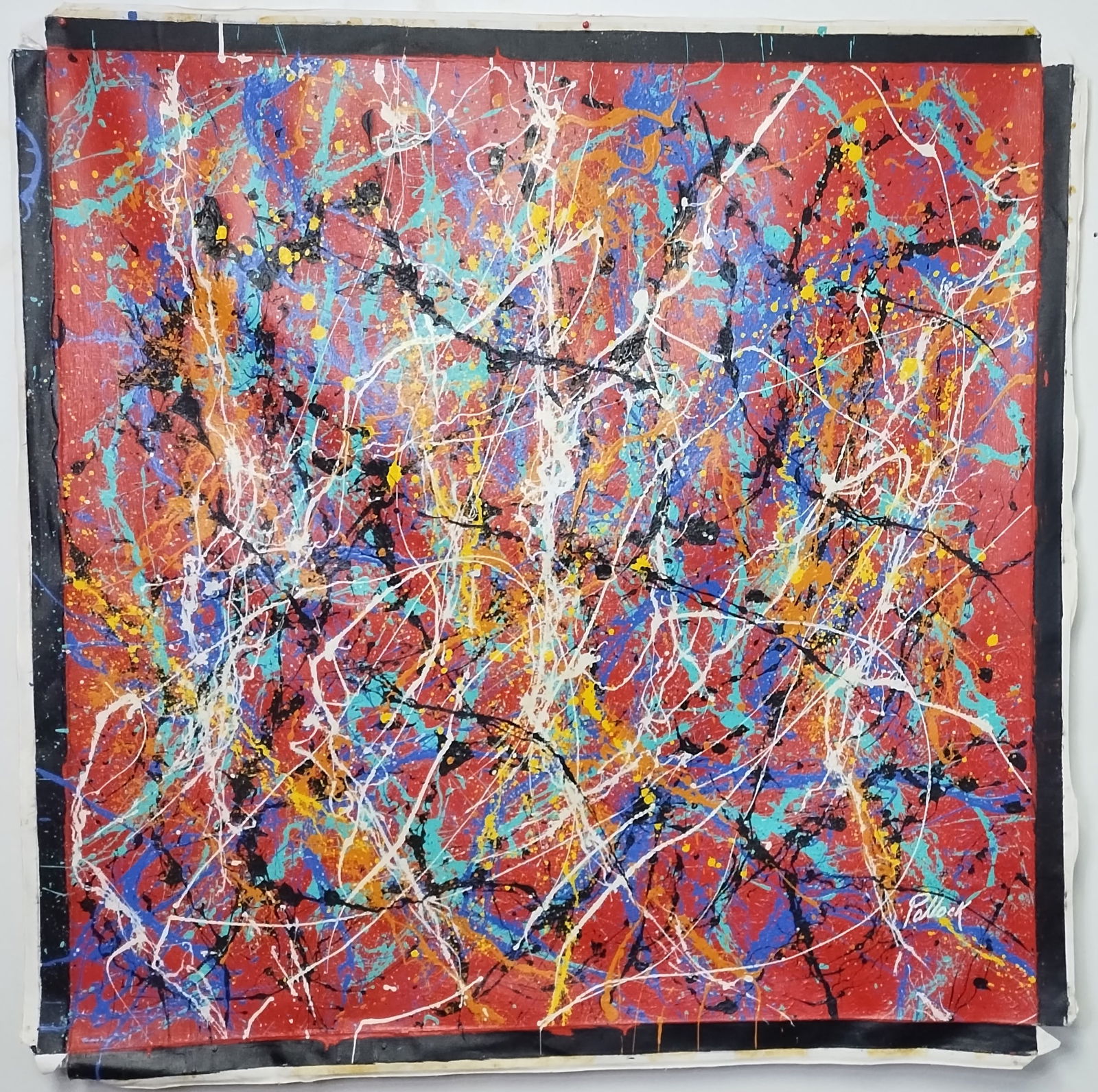 Large XL Signed Jackson Pollock Abstract Art Painting on Canvas: Large XXL Signed Jackson Pollock Abstract Art Painting on Canvas. Stamped on Reverse. Approx Canvas Size:50 x 50 inches.(NY-56) Unstretcher Canvas.Painting is done in the modern abstract expressionist