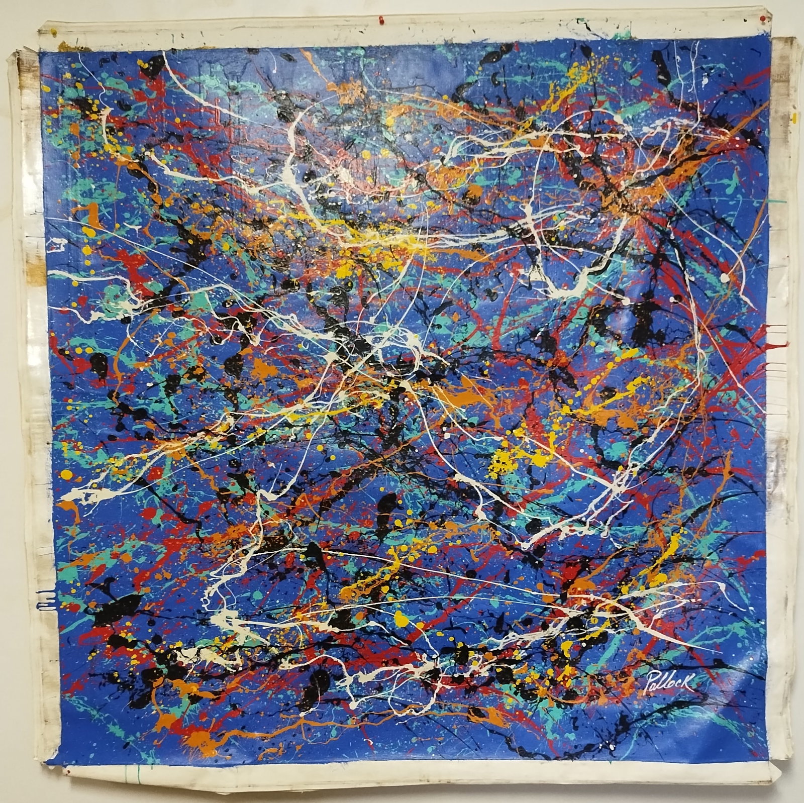 Large XL Signed Jackson Pollock Abstract Art Painting on Canvas: Large XXL Signed Jackson Pollock Abstract Art Painting on Canvas. Stamped on Reverse. Approx Canvas Size:52 x 52 inches.(NY-56) Unstretcher Canvas.Painting is done in the modern abstract expressionist