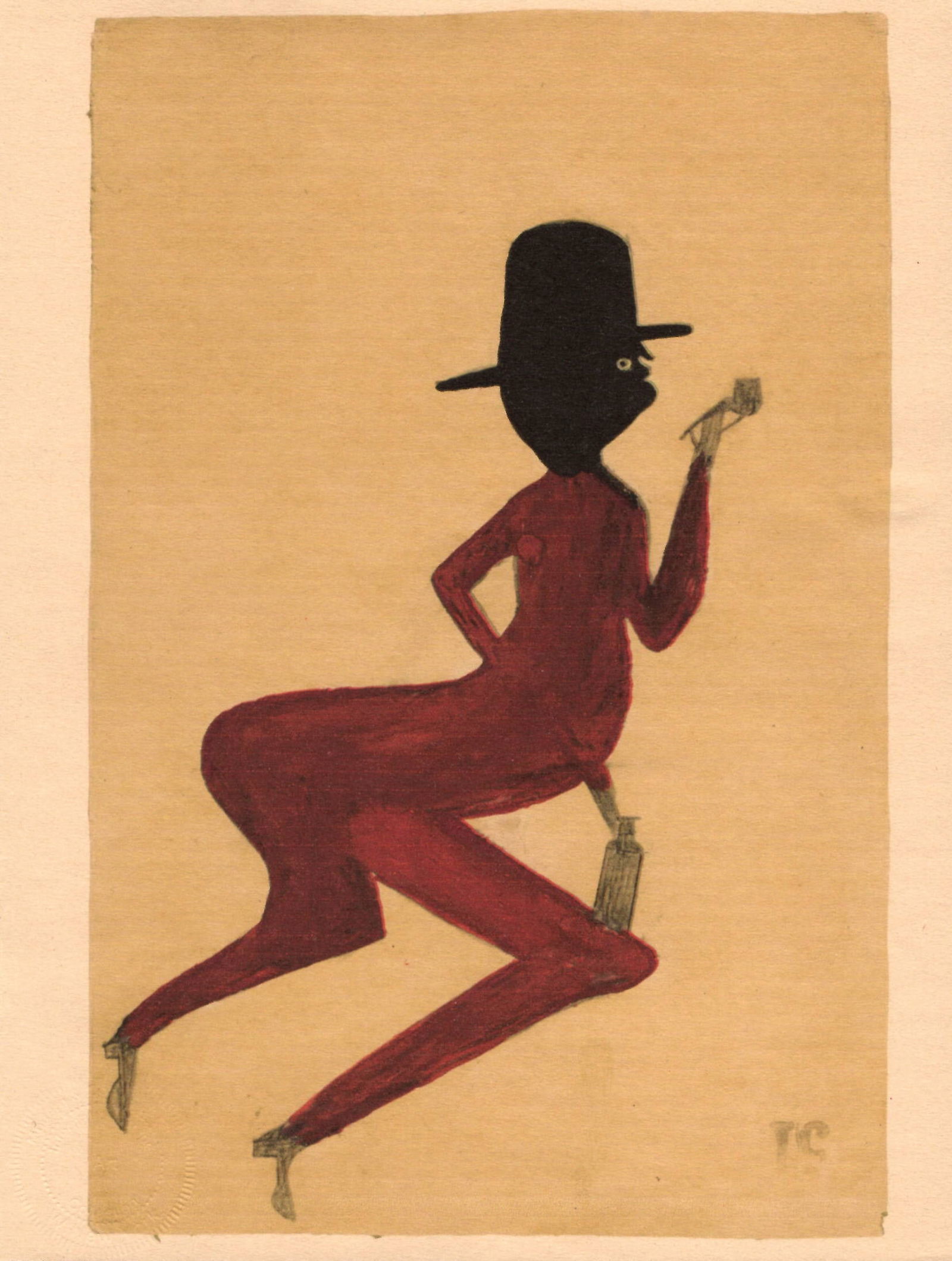 Bill Traylor Red Man in Black Hat Smoking Pipe 1939-42 Fine Art Print (1 of 1)