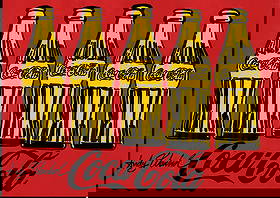 Signed Andy Warhol "5 Coke Bottles"Red Mixed Media Painting on Paper. Stamped on verso: Signed Andy Warhol "5 Coke Bottles"Red Mixed Media Painting on Paper. Stamped on verso Approx Size: 11 3/4 x 8 1/2 inches. Provenance: This item has limited provenance from an Upper New York estate. A