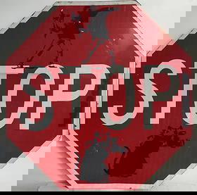 Original Detroit,Michigan Banksy's -Flower Thrower - Camera Rat - Street Stop Sign Painting.: Original Detroit,Michigan Banksy's -Flower Thrower - Camera Rat - Street Stop Sign Painting.Aluminum sign. Measures:30 x 30 inches. The sign shows of wear from being outside. The painting itself has b