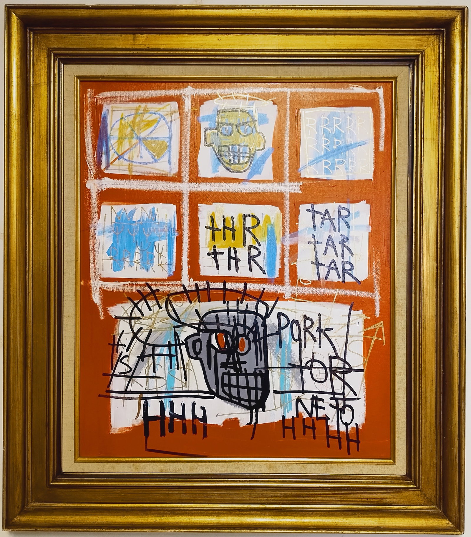 1983 Jean-Michel Basquiat Painting on Canvas Framed-Peso Neto: 1983 Jean-Michel Basquiat Painting on Canvas Framed-Peso Neto.. Stamped on Reverse.Painting Size: 20 x 24 inches. Frame Size: 29 x 32 1/2 x 3 inches..Frame may have scratches and marks due to storage.
