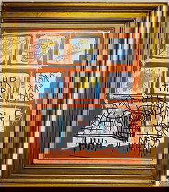 1983 Jean-Michel Basquiat Painting on Canvas Framed-Peso Neto: 1983 Jean-Michel Basquiat Painting on Canvas Framed-Peso Neto.. Stamped on Reverse.Painting Size: 20 x 24 inches. Frame Size: 29 x 32 1/2 x 3 inches..Frame may have scratches and marks due to storage.