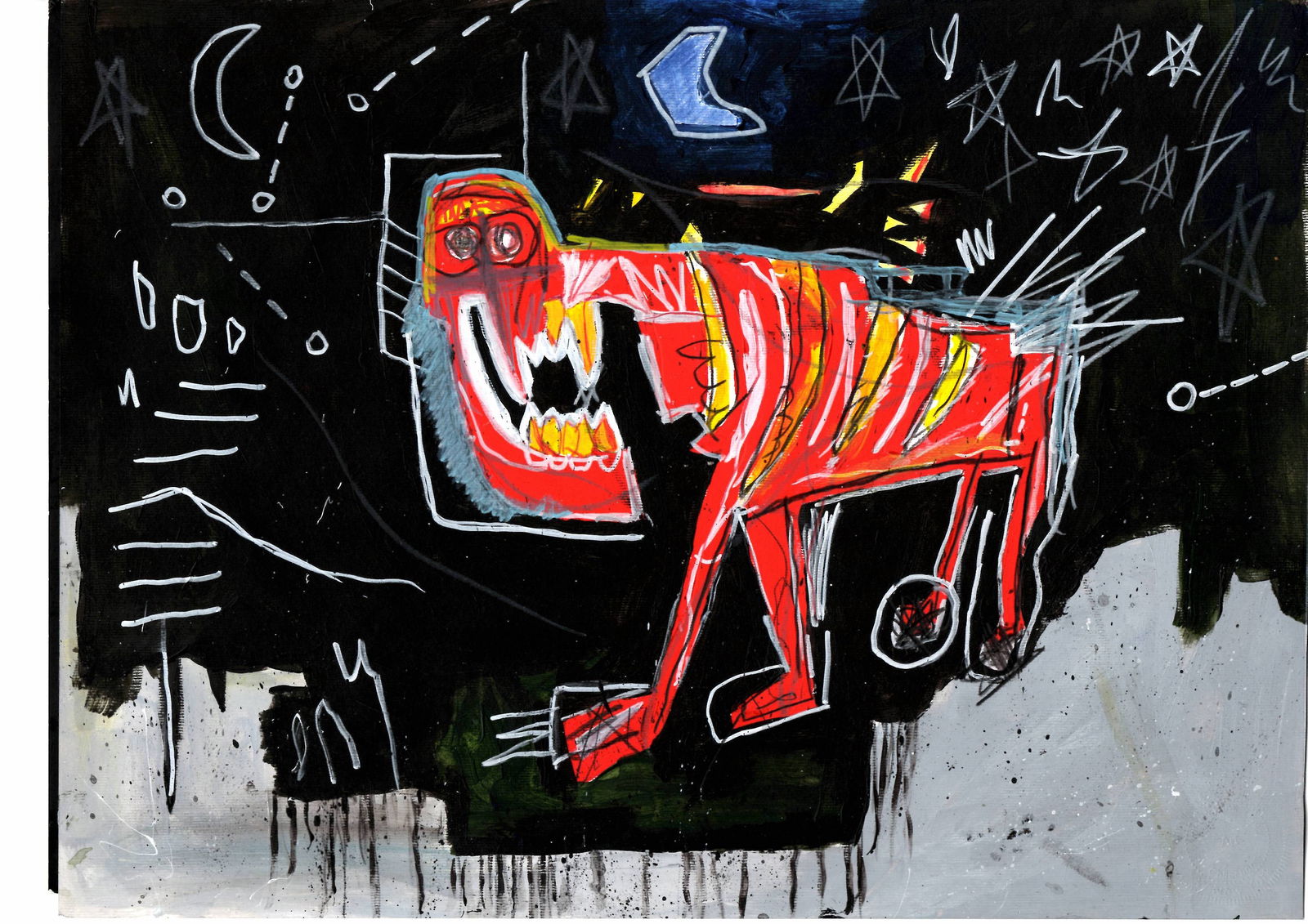 Jean Michel Basquiat Expressionism Large Painting Drawing: Jean Michel Basquiat Expressionism Large Painting Drawingon Paper. Size: 11 3/4 x 16 1/2 In. Provenance: W.N York consignor Private collection. it is being sold in the manner or style of the artist Ac