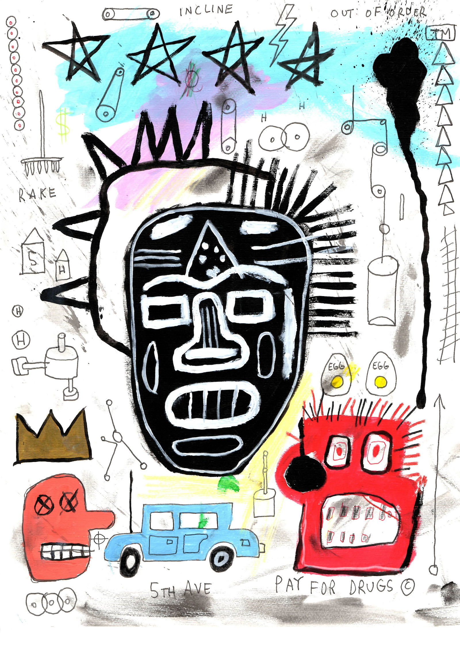 Jean Michel Basquiat Expressionism Large Painting Drawing on Paper: Jean Michel Basquiat Expressionism Large Painting Drawing on Paper. Size: 11 3/4 x 16 1/2 In. Provenance: W.N York consignor Private collection. it is being sold in the manner or style of the artist A