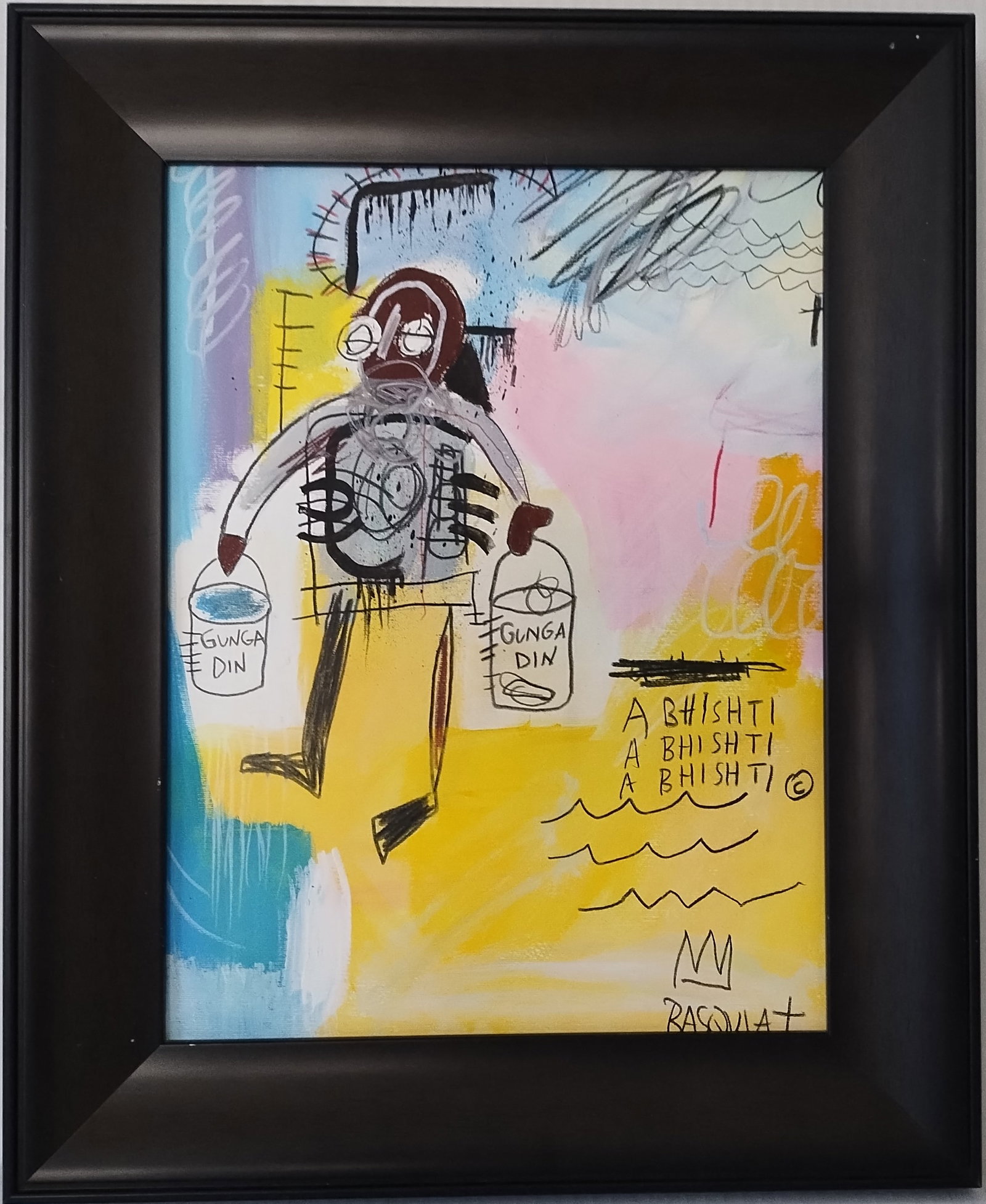Jean-Michel Basquiat Painting -Gunga Din- Framed: Jean-Michel Basquiat Painting -Gunga Din- Framed. Stamped on Reverse. Painting Size: 13 x 10 inches. Frame Size: 16 1/2 x 13 1/2 x 2 inches. Mixed Medium on Cardboard.Frame may have scratches and mark
