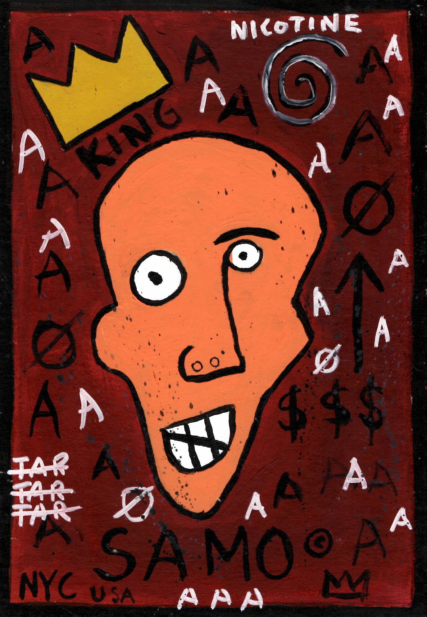 Jean Michel Basquiat Painting on Cardboard (SAMO KING NICOTINE).: Jean Michel Basquiat Painting on Cardboard (SAMO KING NICOTINE). Size:10 x 7 Inches. mixed Medium Hand Drawing on Cardboard. Stamped on Reverse Provenance: W.N York consignor Private collection. it is