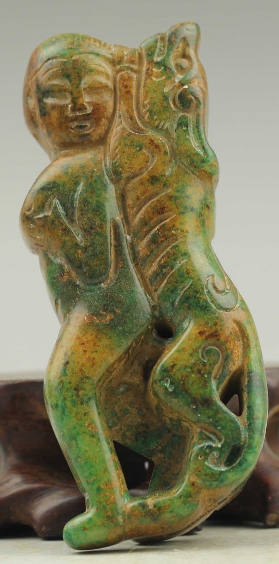 Antique Chinese Carved Natural Jade Statue Amulet: Antique Chinese Carved Natural Jade Statue Amulet. Approx Size: 3 x 1.2 x 0.7 inch.