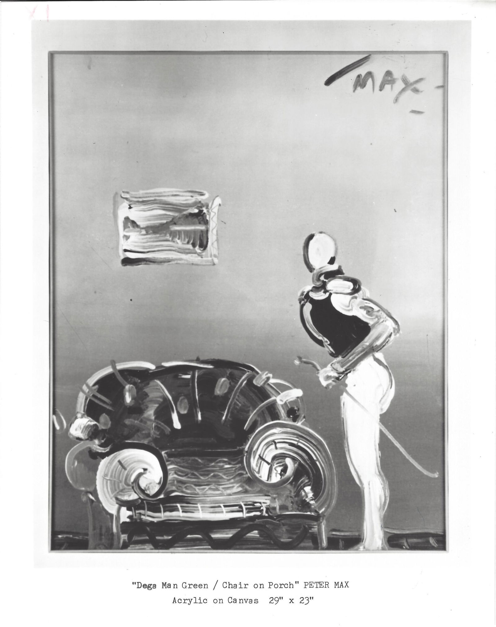 Peter Max Chair on Porch vintage Photography: Peter Max Chair on Porch vintage Photography. Approx Size: 10 x 8 inches. Provenance: New York-Based Photography Collector & Curator -Collection of Rare Photographs.Photo may have bent corners, damage