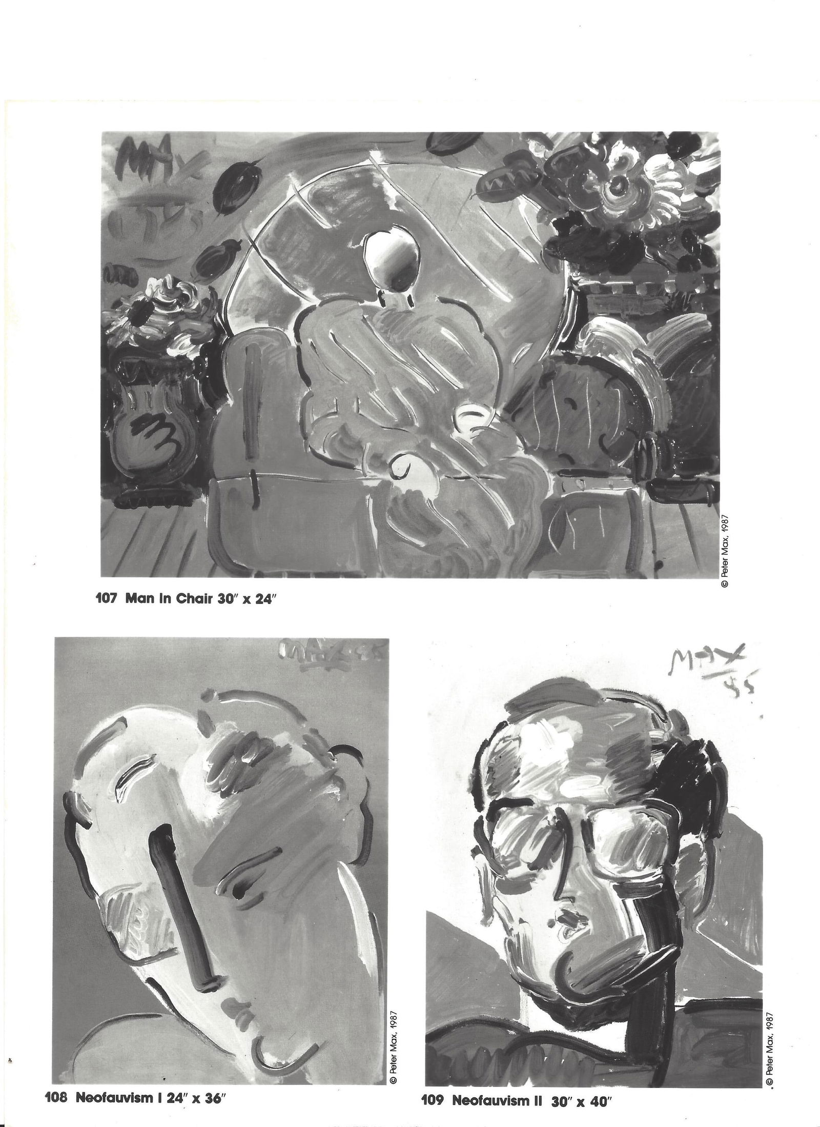 1987 Photo Paintings by Peter Max: Man in Chair Neofauvism I and II: 1987 Photo Paintings by Peter Max: Man in Chair Neofauvism I and II Photo measures Approx: 8 x 10inches. Provenance: New York-Based Photography Collector & Curator -Collection of Rare Photographs. App