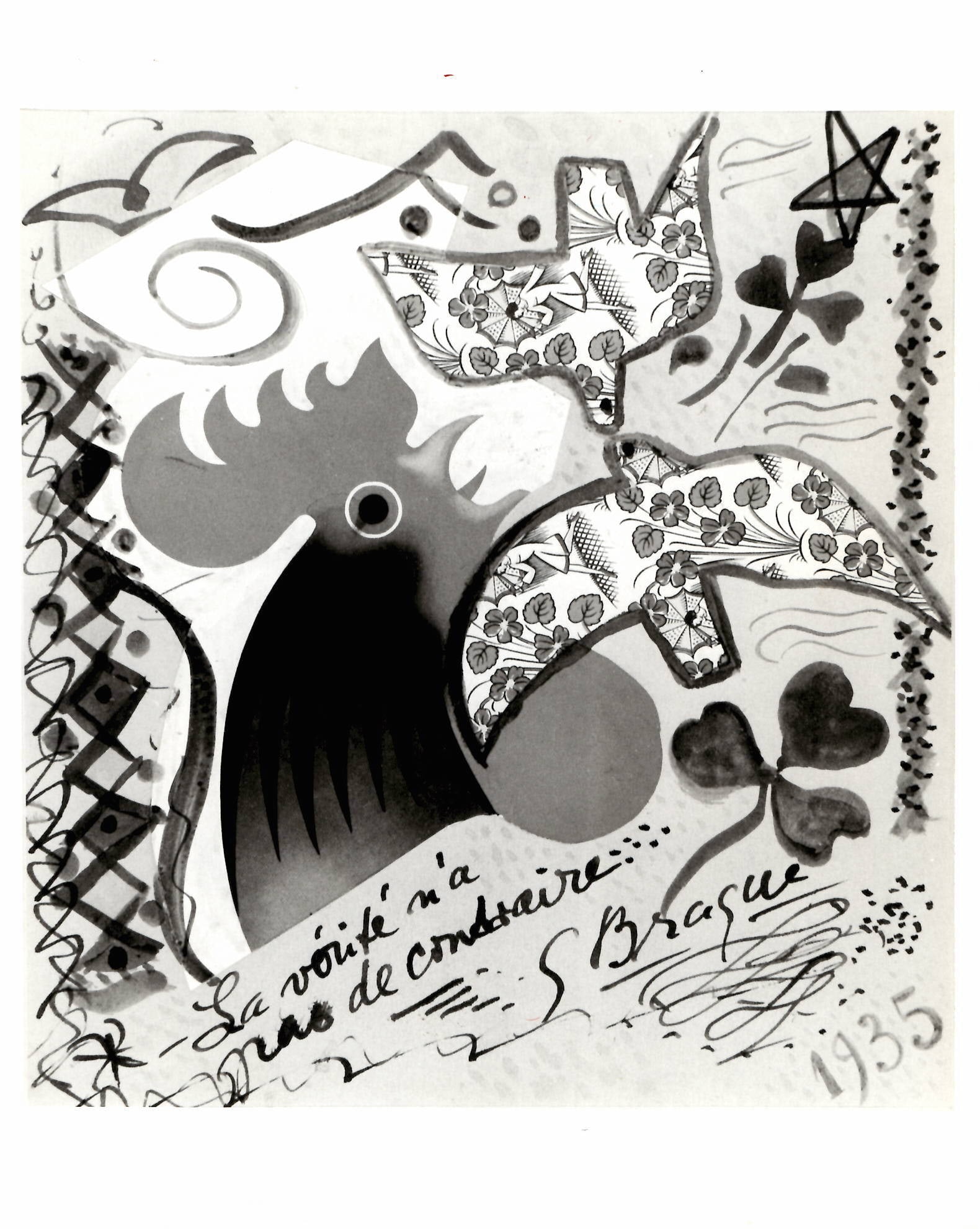 1983 Photo Two Doves with Rooster by Georges Braq: 1983 Photo Two Doves with Rooster by Georges Braque. Provenance: New York-Based Photography Collector & Curator -Collection of Rare Photographs. Photo size:9 x 7 inches. Note: Please study the images