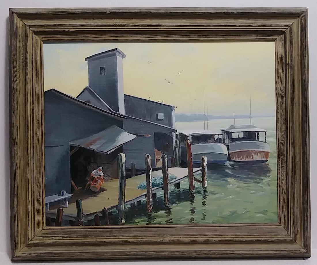 Vintage 1980 Regionalism Oil Painting Fisherman on Dock: Vintage 1980 Regionalism Oil Painting Fisherman on Dock Signed Painting on Canvas - Approx Painting Size: 16 x 20 Inches - Approx Frame Size: 25 x 21 x 2 Inches. Good condition. See photos