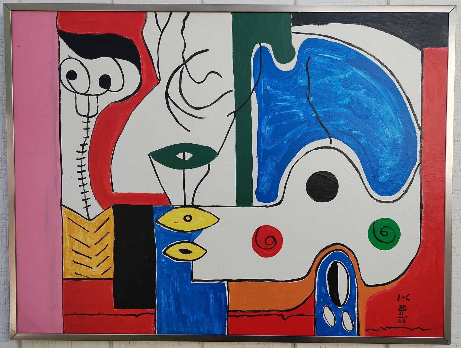 Large Abstract Painting on Cardboard Signed Le Corbusier: Large Abstract Painting on Canvas Signed Le Corbusier, ( L-C 63) Modern Art. Stamped on reverse. Approx Painting Measurements: 36 x 27 inches. Metal Frame Measurements: 36 1/2 x 27 1/2 x 1 Inches. Any