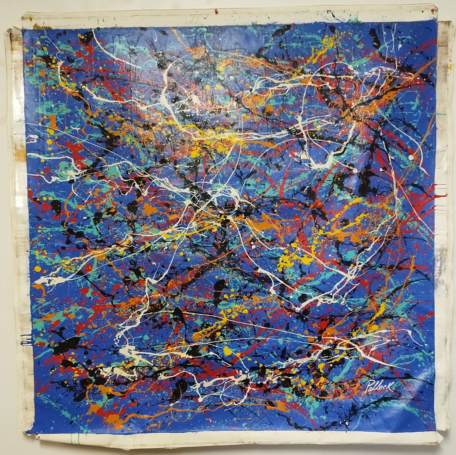 Large XL Signed Jackson Pollock Abstract Art Painting on Canvas: Large XXL Signed Jackson Pollock Abstract Art Painting on Canvas. Stamped on Reverse. Approx Canvas Size:52 x 52 inches.(NY-56) Unstretcher Canvas.Painting is done in the modern abstract expressionist
