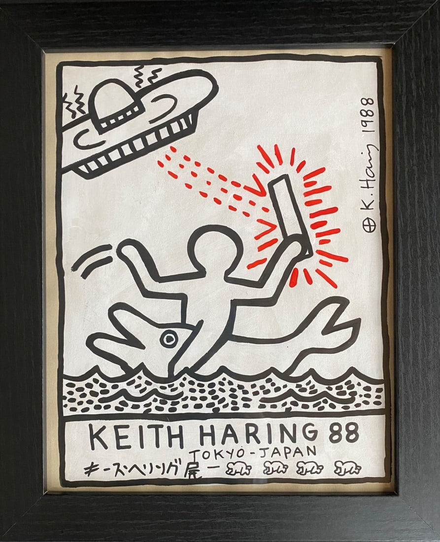 Keith Haring 88 Tokyo japan Drawing on  Paper Stamped On Reverse. (1 of 4)