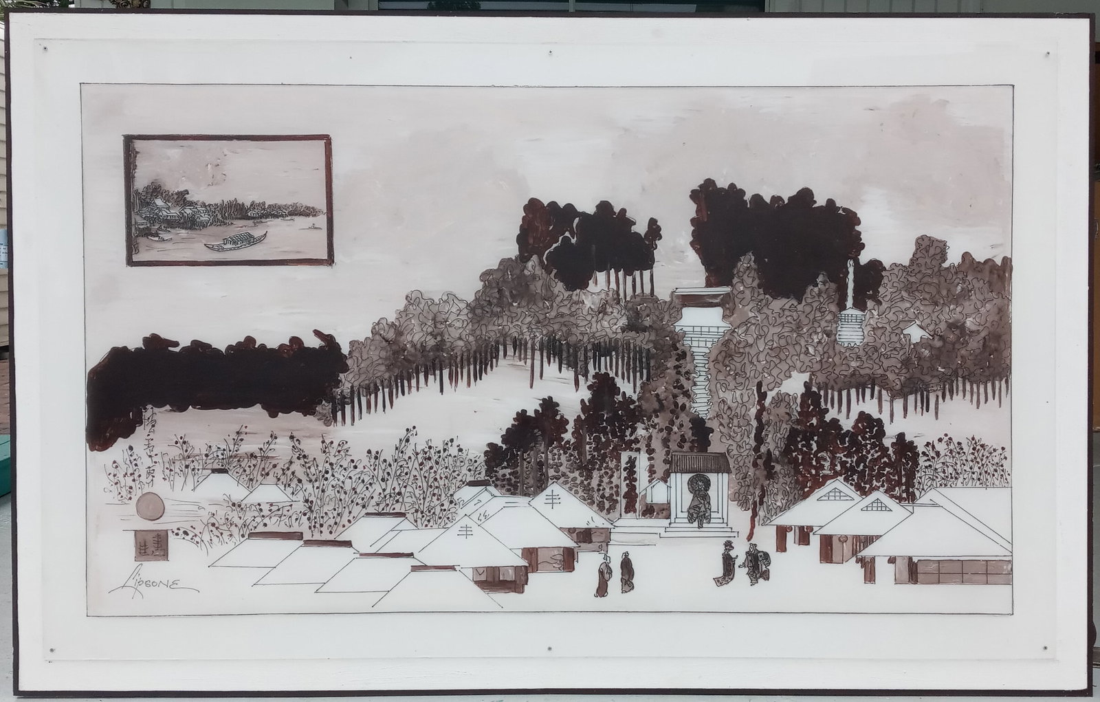 LIPSONE Mid Century Modern Painting Japanese Village.: LIPSONE Mid Century Modern Watercolor-Ink Painting Japanese Village. Circa 1950 -1969 Painted on Board, AND Over the painting is a hand-engraved thick Lucite plate. This is a magnificent monumental mi
