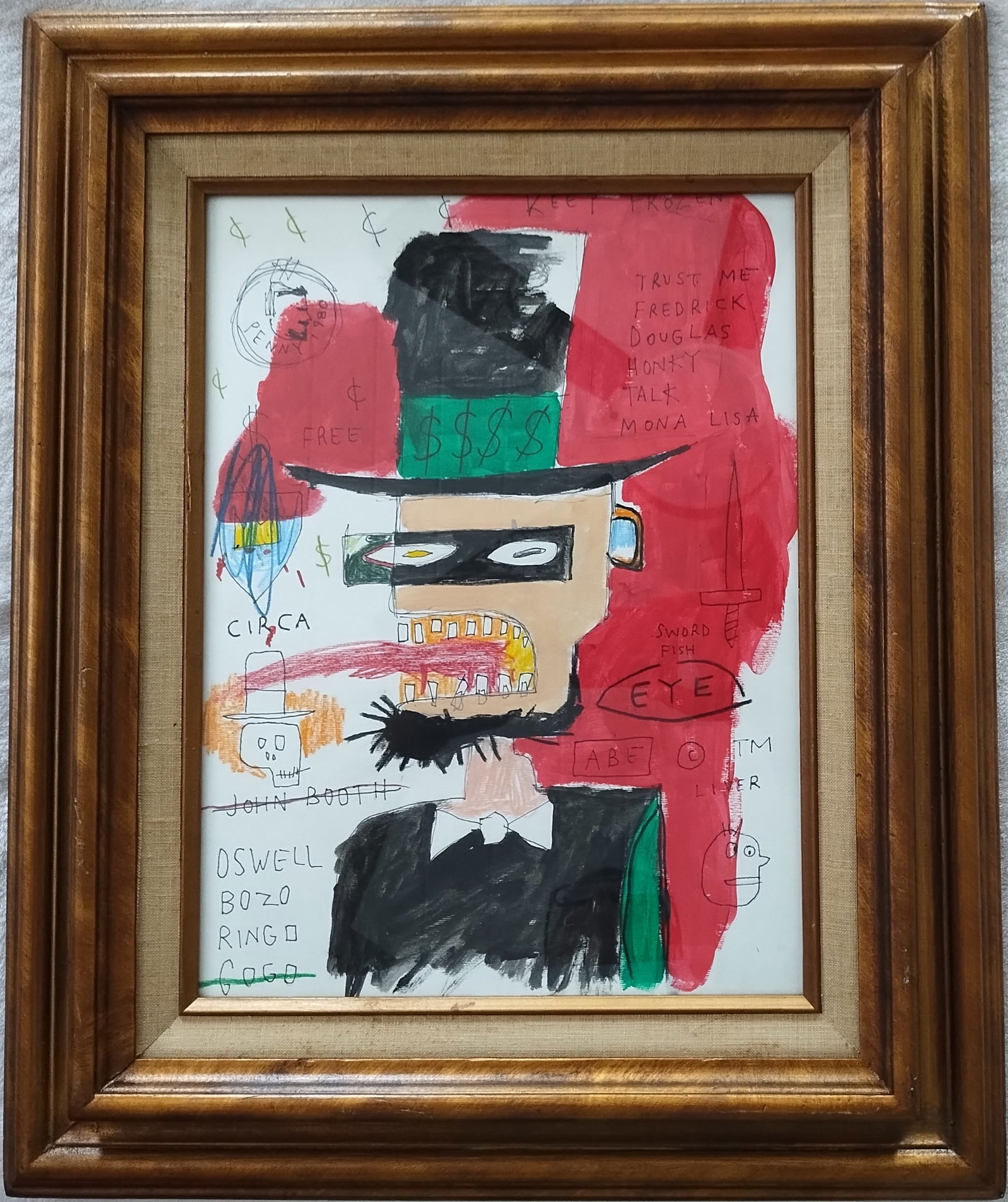 Jean-Michel Basquiat Painting on Paper( ) Framed. Stamped on Reverse: Jean-Michel Basquiat Painting on Paper( ) Framed. Stamped on Reverse.Painting Size: 12 x 16 inches. Frame Size: 19 1/2 x 23 1/2 x 2 inches.Mixed Medium on Cardboard.Frame may have scratches and marks
