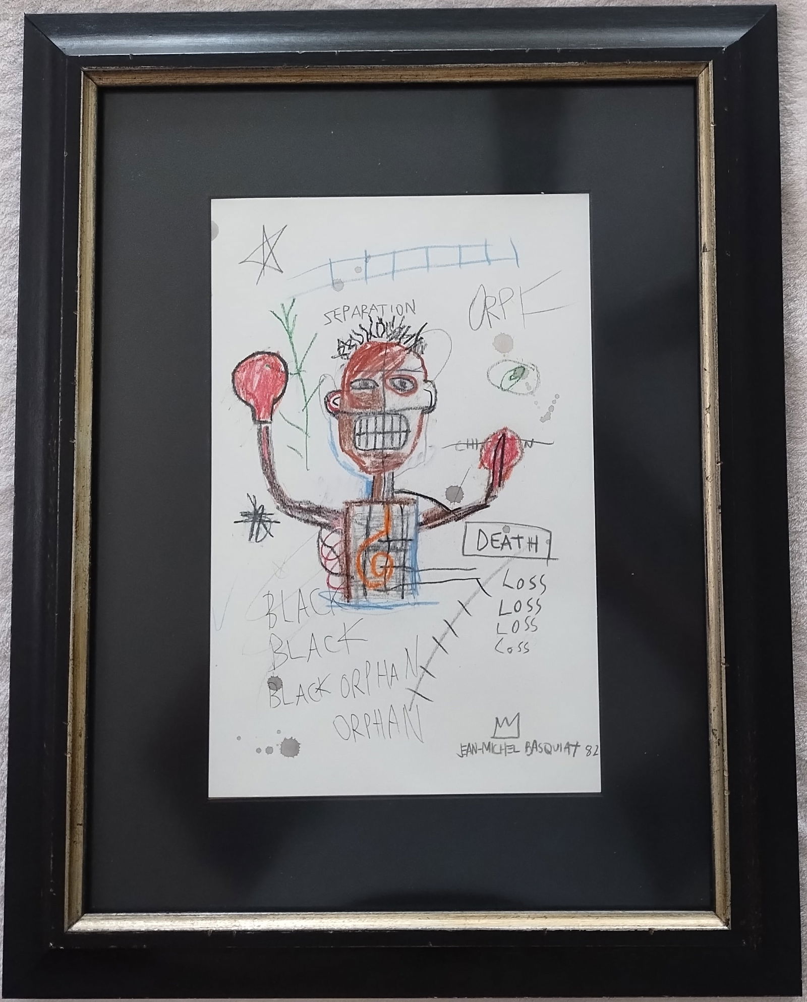 Jean-Michel Basquiat Painting on Paper( ) Framed. Stamped on Reverse: Jean-Michel Basquiat Painting on Paper( ) Framed. Stamped on Reverse.Painting Size: 14 1/2 x 19 1/2 inches. Frame Size: 18 x 23 x 2 inches.Mixed Medium on Cardboard.Frame may have scratches and marks