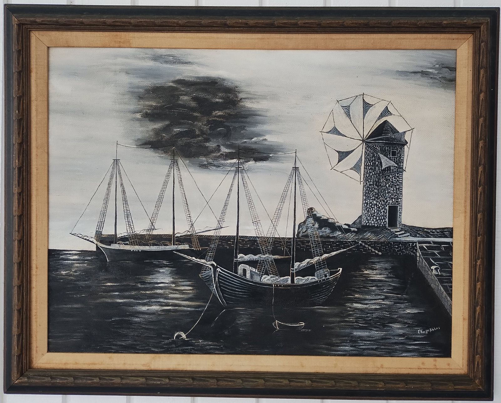 Vintage 1980 Regionalism Oil Painting on Canvas Boat-Lighthouse Point - SeaPort (1 of 7)