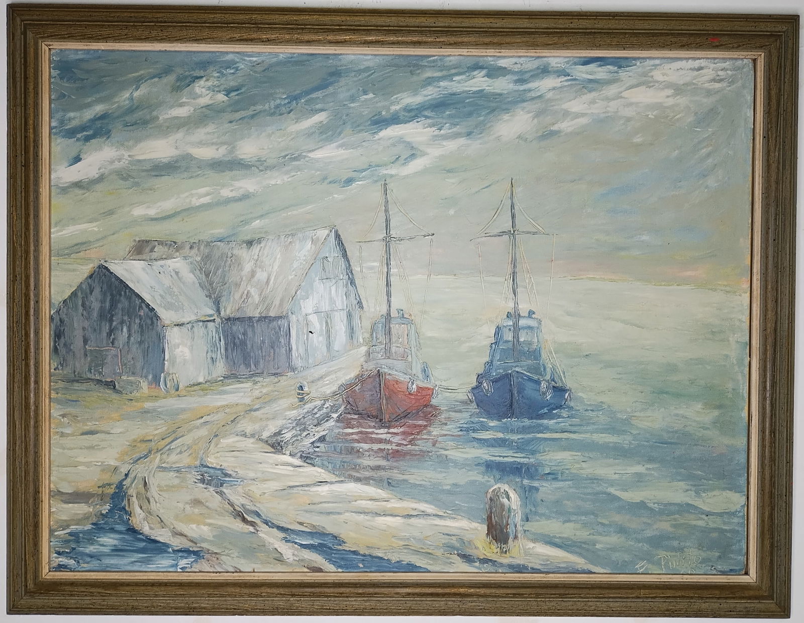 Francis Pulito (1920-2012) Connecticut Fishing Vessels in Drydock Oil Painting: Francis Pulito (1920-2012) Connecticut Fishing Vessels in Drydock Oil Painting., Francis Pulito was from Berlin, CT & was known as a "regional painter" - Pulito was a veteran of WW II, having served w