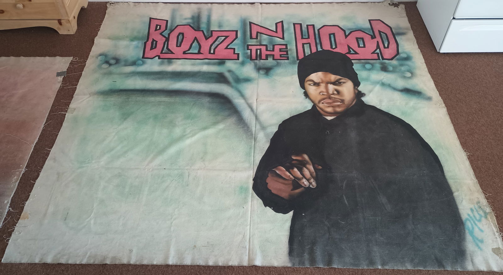 XXL Hand Painted Mural Warehouse Loft Oil on Canvas.: XXL Hand Painted Mural Warehouse Loft Oil on Canvas.Large oil on canvas. Hand painted and hung at a local art exhibit. Vintage Collector Artist Painting. Approximately 97" x 90". 8.3 Feet by 7.5 Feet.