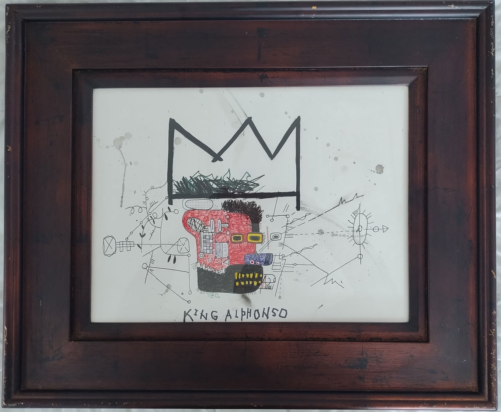 Jean-Michel Basquiat Painting on Paper( ) Framed. Stamped on Reverse: Jean-Michel Basquiat Painting on Paper( ) Framed. Stamped on Reverse.Painting Size: 12 x 16 inches. Frame Size: 20 x 24 x 2 inches.Mixed Medium on Cardboard.Frame may have scratches and marks due to s