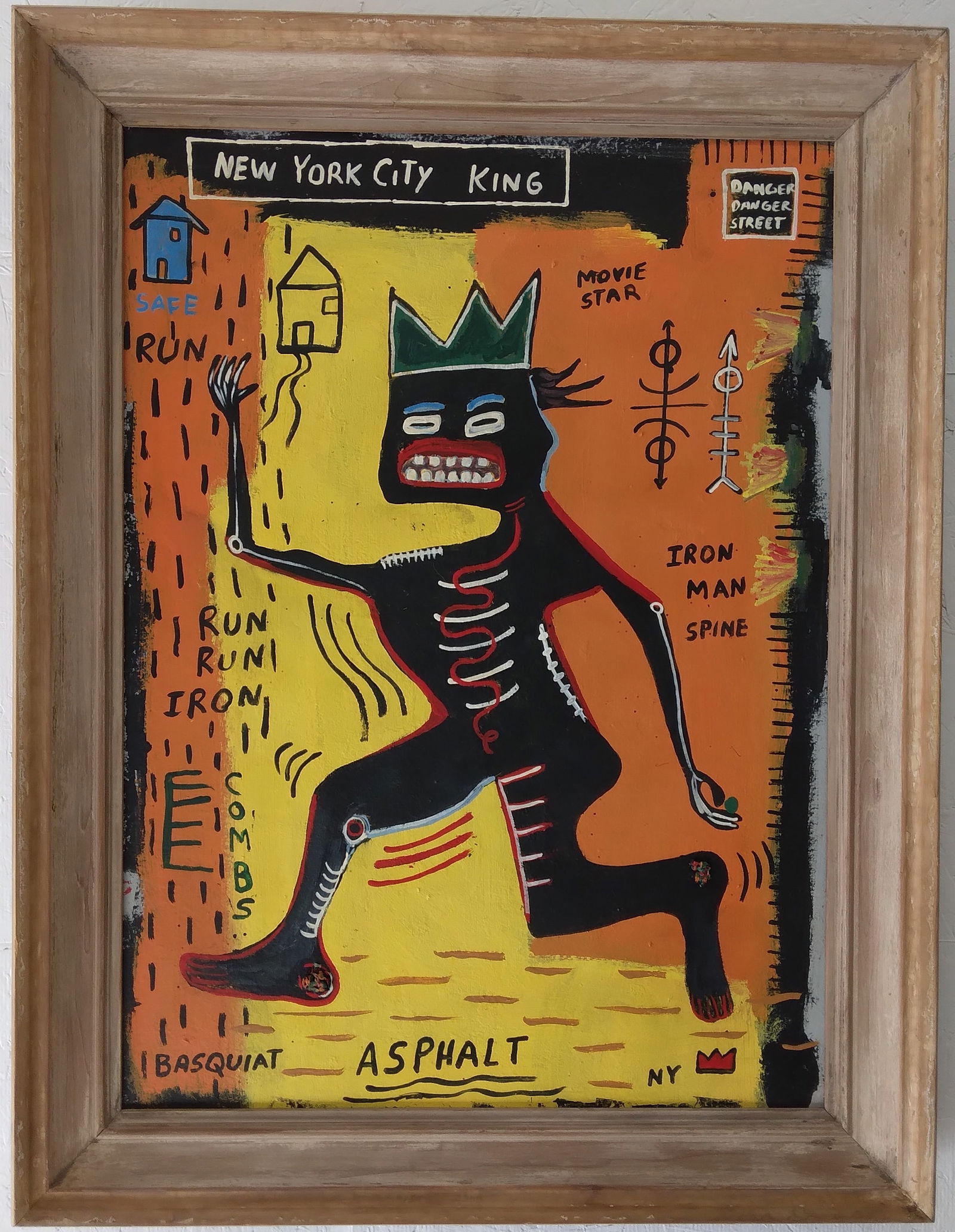 Jean-Michele Basquiat Painting NYC Asphalt RUN SAMO King: Jean-Michele Basquiat Painting NYC Asphalt RUN SAMO King . Framed. Painting Size: 31 x 27 inches. Frame Size: 32 x 28 x 2 inches, This is hand painted Mixed Medium on Cardboard. Framed condition - Fra