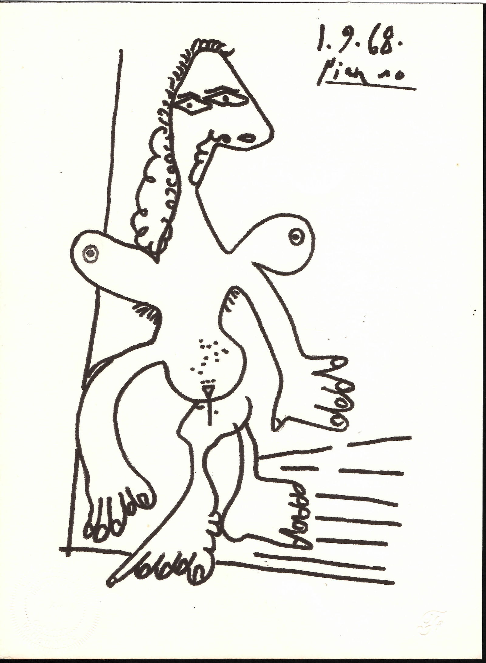 Rare Pablo Picasso Fine Art drawing/print Ink on Paper: Rare Pablo Picasso Fine Art drawing/print Ink on PaperEmbossed Stamp.`GALLERY COLLECTION PICASSO STAMP. It is being sold in the manner or style of the artist.Paper Size: 11 x 8 1/2 Inches. Good Condit