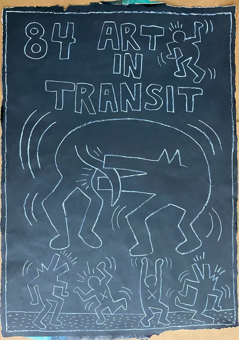 1983 Keith Haring -Art IN Transit- NYC Subway Chalk drawing on Black paper: Keith Haring -Art IN Transit- NYC Subway Chalk drawing on Black paper. 42nd Street Subway, New York. Measures approximately: 50 by 34 inches on Paper that was used to cover old advertisements in the N