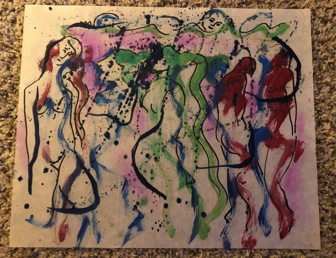 1983 Signed Nude Abstract Expressionist Painting: 1983 Signed Original Nude Abstract Expressionist Impressionist Mixed Media Painting on Paper: Approx Painting Size: 17 x 13 Inches. Good condition. see photos