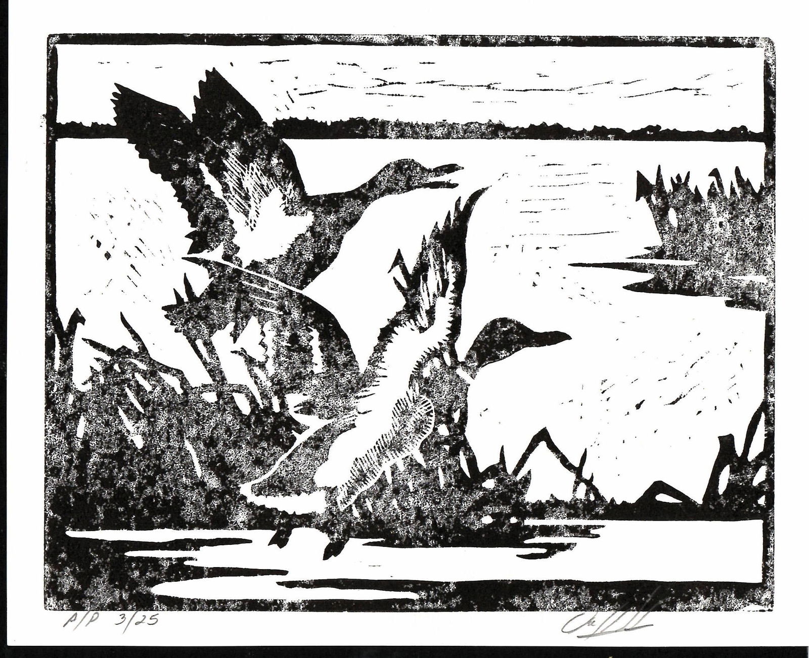 Signed Lino Cut Ink on Paper Painting. (1 of 2)