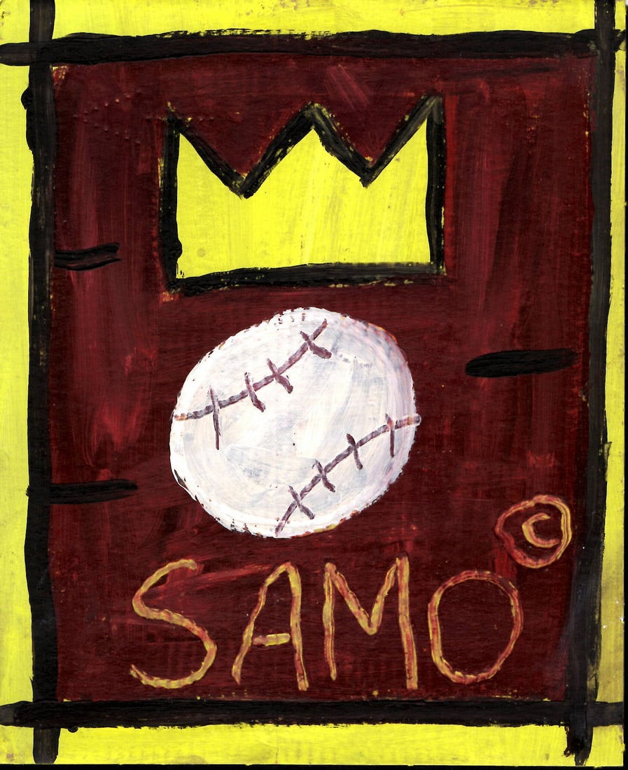 Jean Michel Basquiat NYC Souvenir Painting on Cardboard (NY SAMO): Jean Michel Basquiat NYC SouvenirPainting on Cardboard (NY SAMO). Size: 7 1/4 x 9 Inches. Mixed Medium Hand Drawing on Cardboard. Sold as is.Good vintage condition. See photos as part of the descripti