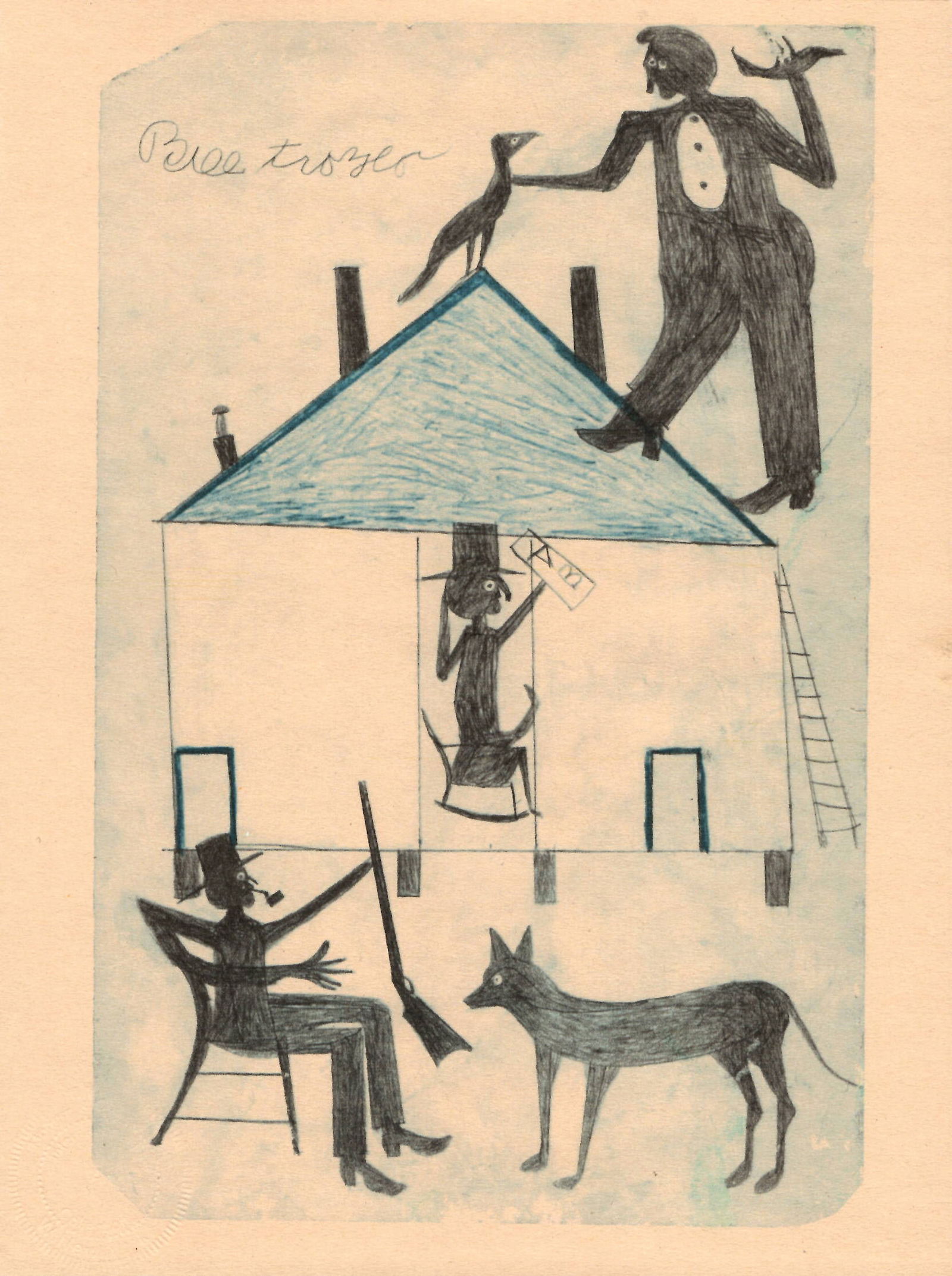 Bill Traylor - Blue House with Figures and Dog Art Print (1 of 1)