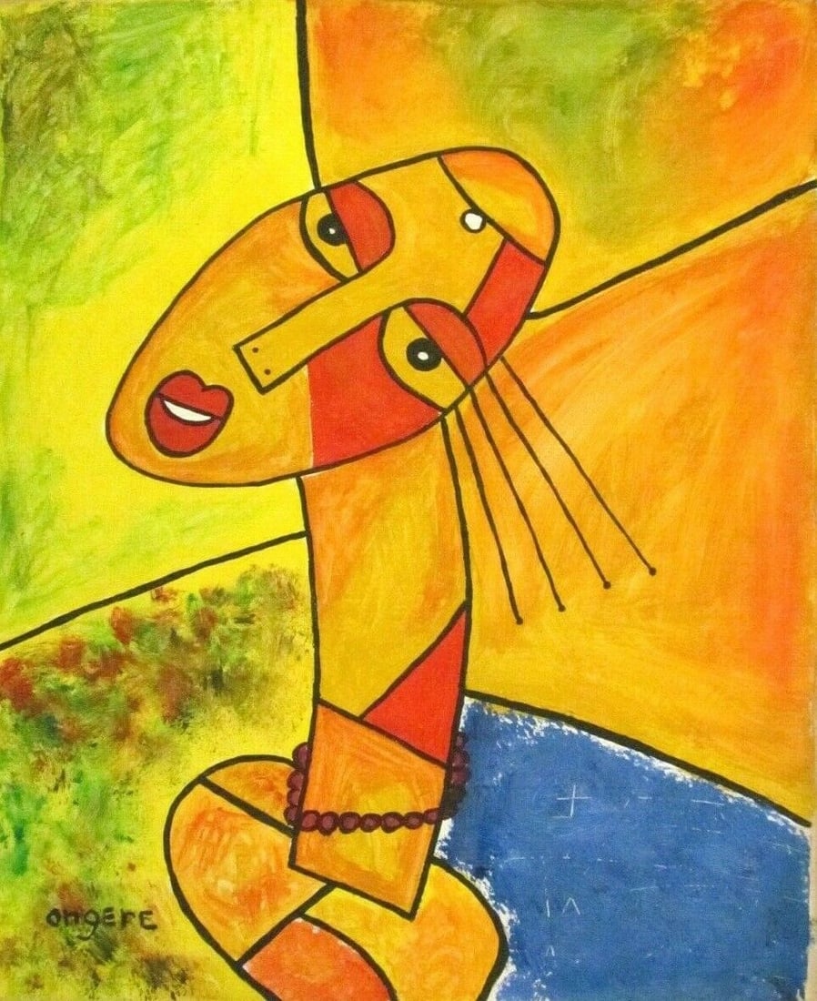 Vintage Abstract Painting on Canvas Signed - Elisha Ongere, Modern Art (1 of 4)