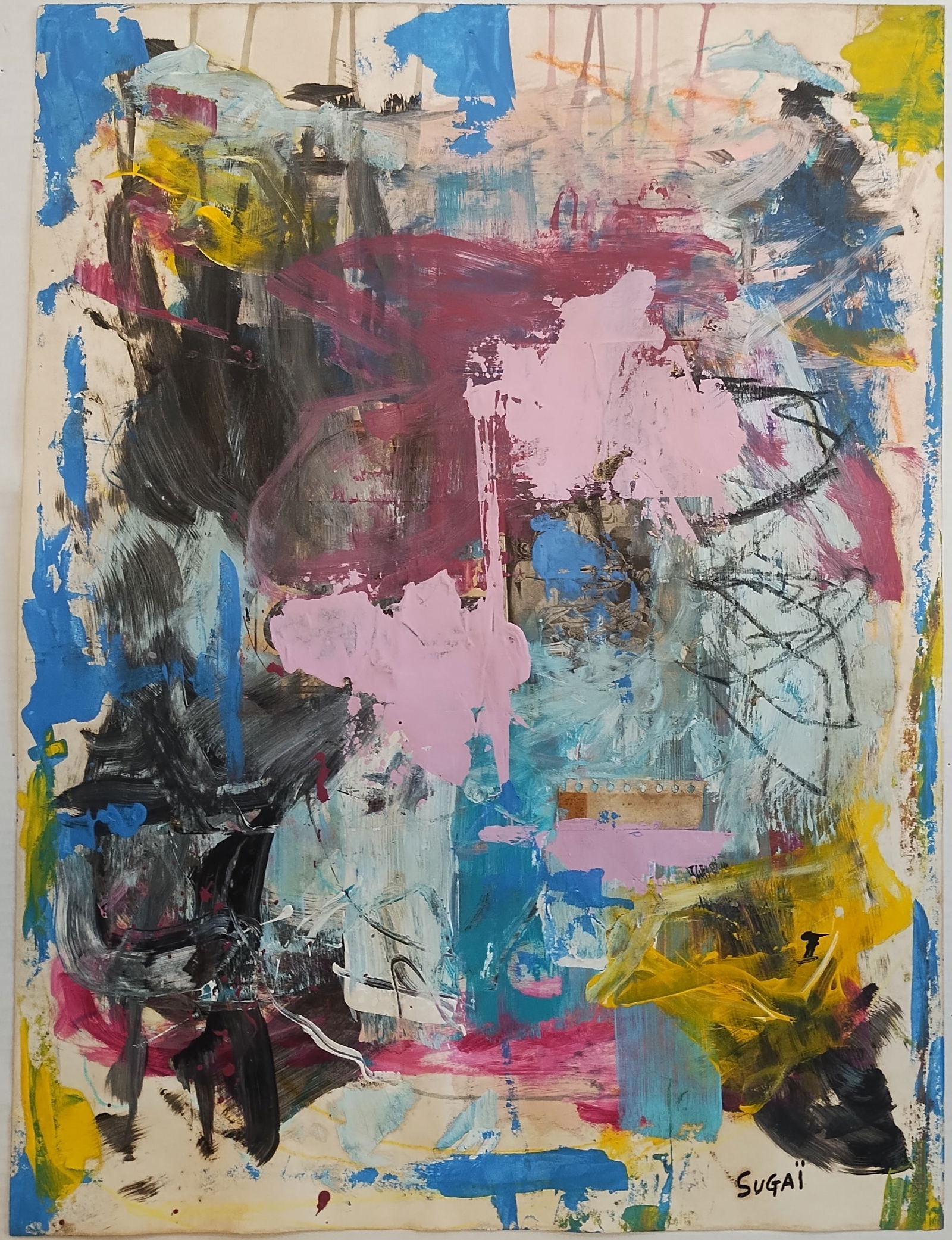 Kumi Sugai (1919 Hyogo - 1996 Kobe) Japan - France, Untitled abstract Painting,Mixed Media on Paper: Kumi Sugai (1919 Hyogo - 1996 Kobe) Japan - France, Untitled abstract Painting,Mixed Media on Paper Painting Size: 18 x 24 inchesBrush Gold Aluminum Finish Frame with Plexiglass Front.Kumi Sugai was a