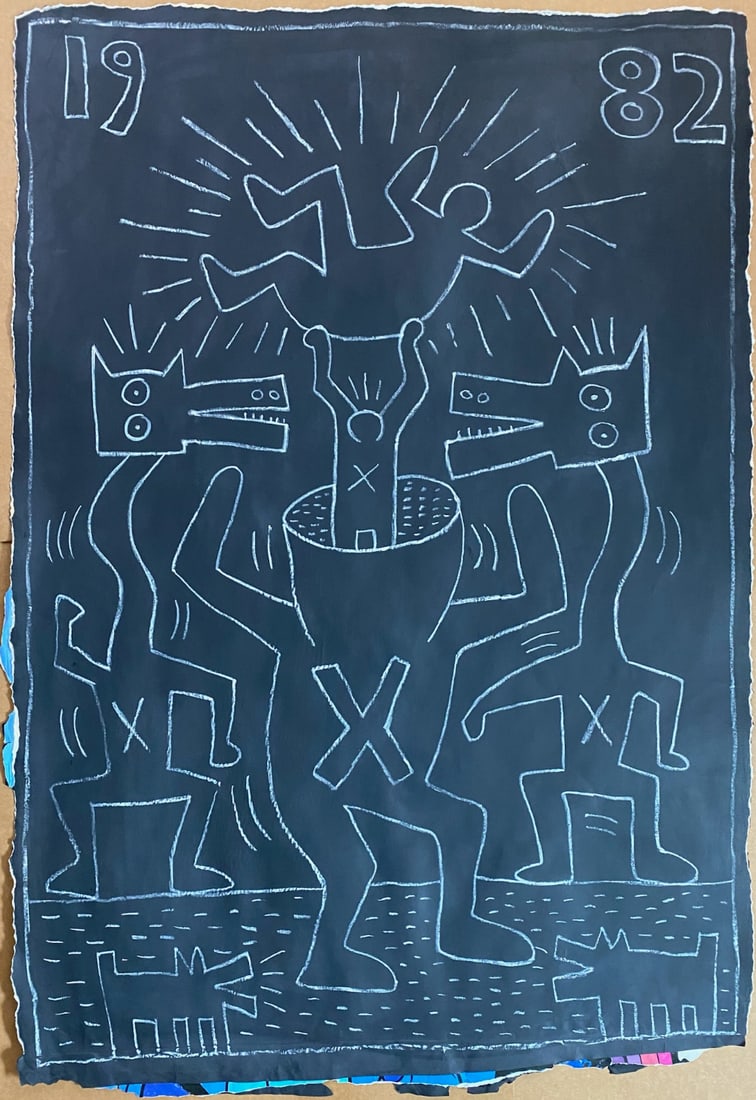 Keith Haring -Art IN Transit- NYC Subway Chalk drawing on Black paper: Keith Haring -Art IN Transit- NYC Subway Chalk drawing on Black paper. 42nd Street Subway, New York. XL Measures approximately: 51 by 35 inches on Paper that was used to cover old advertisements in th