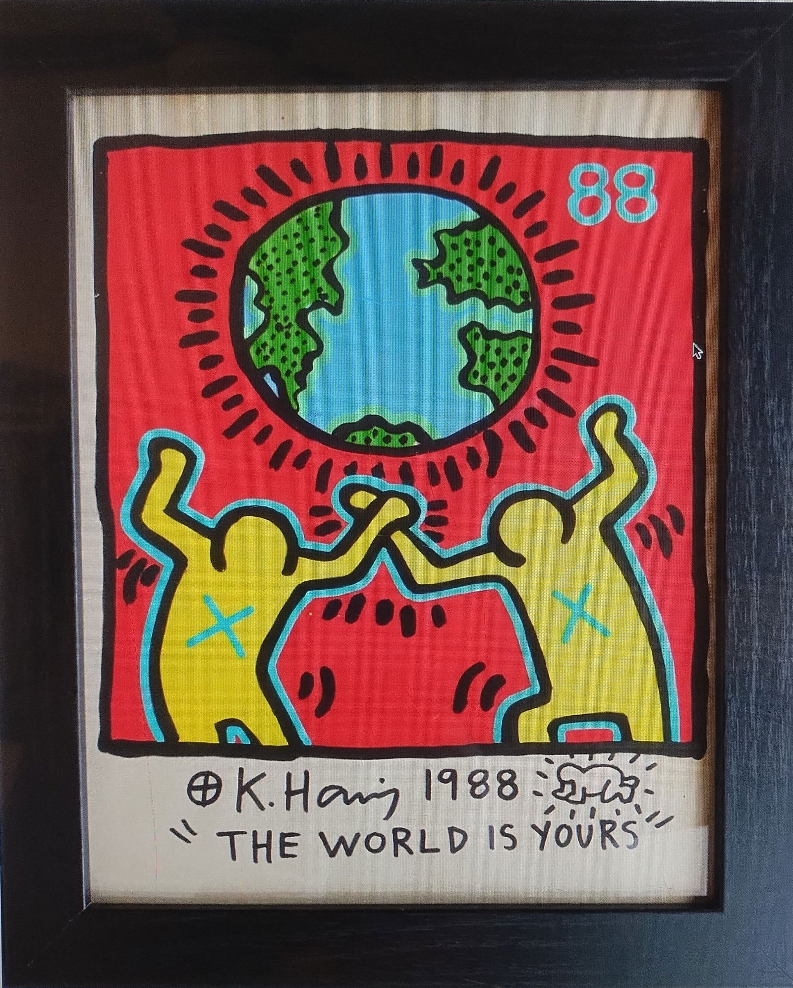 Keith Haring 88 NYC Pop Shop Drawing on Paper Stamped On Reverse: Keith Haring 88 NYC Pop Shop Drawing on Paper Stamped On Reverse. Approximately 8 x 10 inches. Frame measures 10 x 12 inches. The drawing has minor wear from time but over all condition is good.Drawin