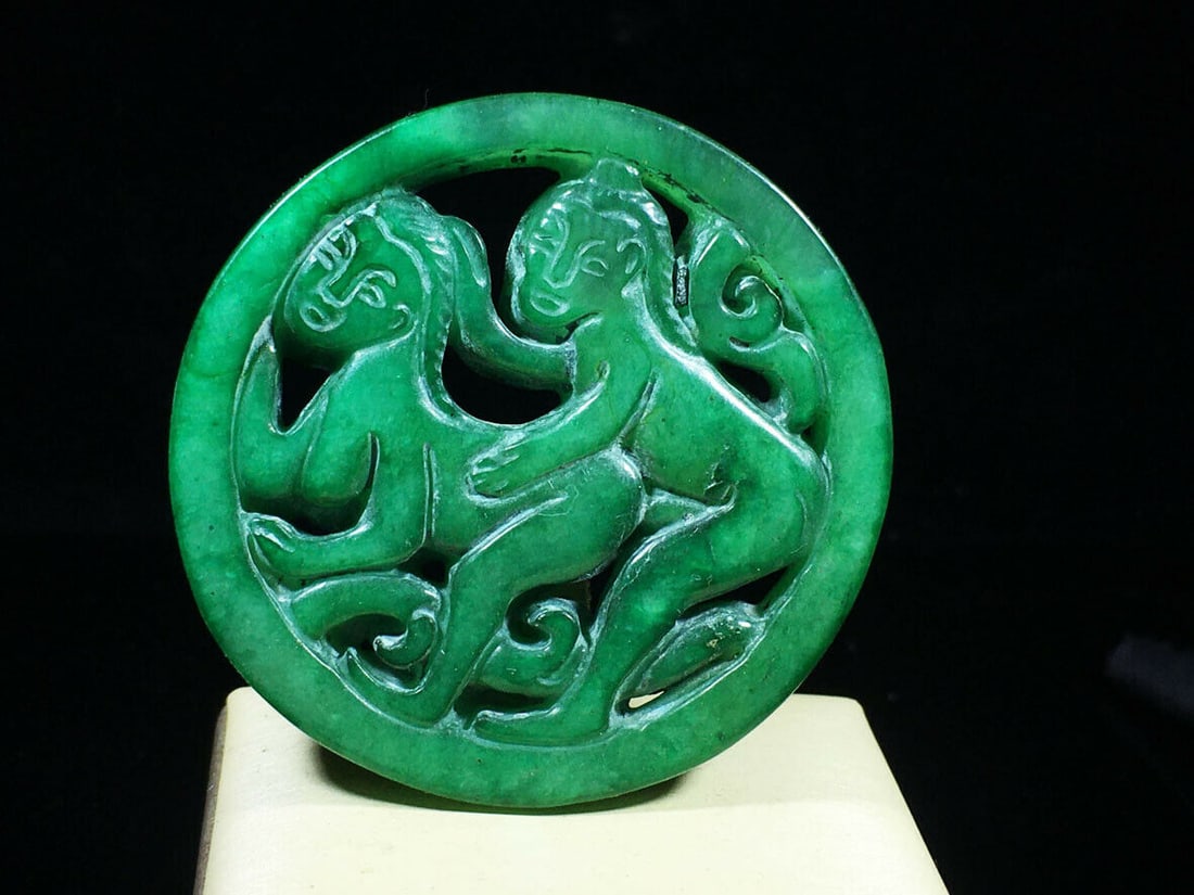Old Chinese Green Jade Hand-Carved Couple Pendant (1 of 2)