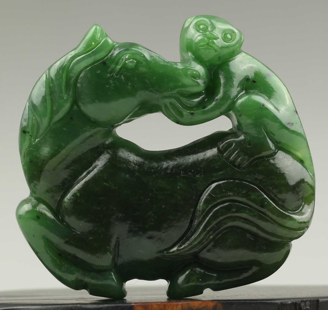 Antique Natural Jade Hand-Carved Jade Statue Horse & Mo (1 of 4)