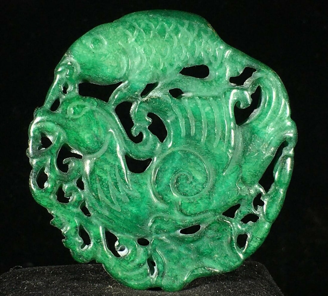 Old Jade Hand-Carved Fish Phoenix Necklace Pendant (1 of 2)
