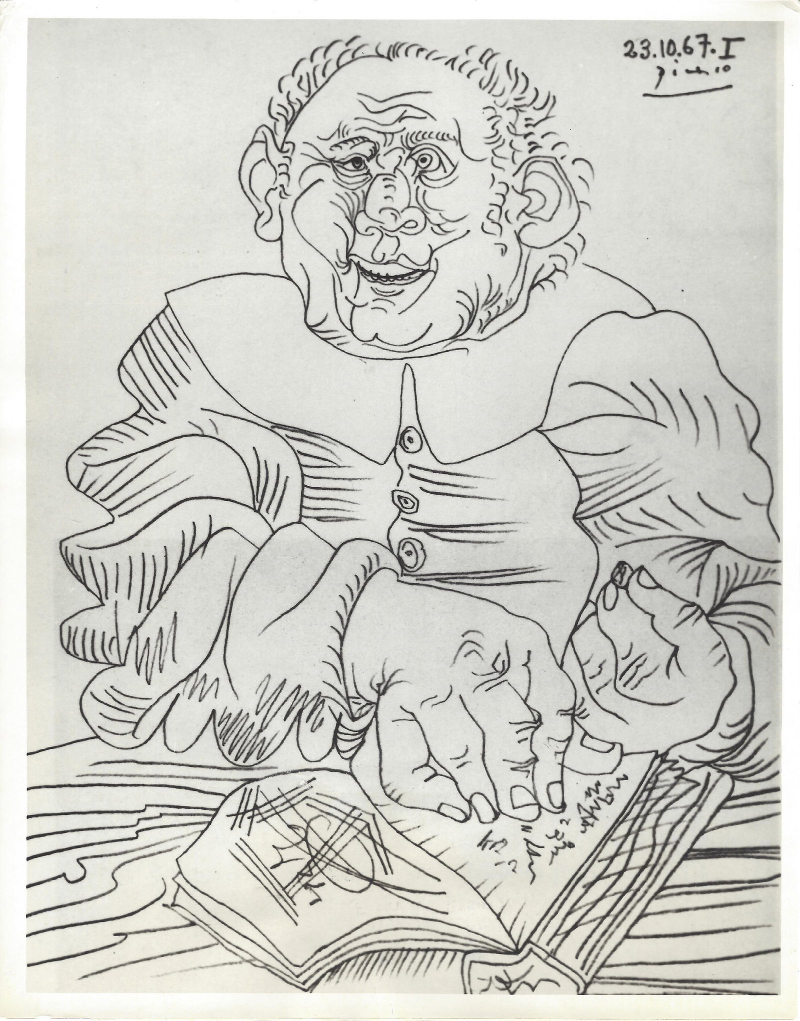 1969 Photography of Drawing in Pencil by Pablo Picasso: 1959 Pablo Picasso Photo of DrawingPhoto size:8 x 7 inches Provenance: New York-Based Photography Collector & Curator -Collection of Rare Photographs. Photo may have bent corners and damaged. Please l