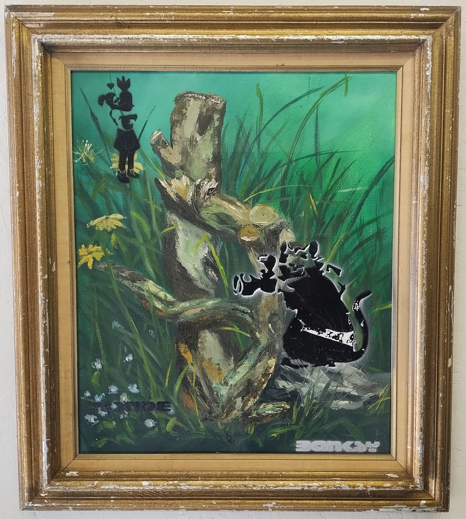 Banksy - Framed Painting on Stretched Canvas Street Art Urban Graffiti UK: Banksy - Framed Painting on Stretched Canvas Street Art Urban Graffiti UK Rat Origin: from Bristol, UK Approx Image Size: 20" x 24" (50.8 x 61 cm)Approx Wood Frame Size: 31" x 27" (78.74 x 68.58 x