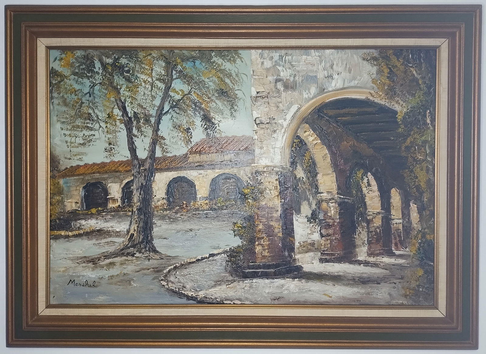 San Juan Capistrano Mission Oil Painting Texture on Canvas Framed: San Juan Capistrano Mission Oil Painting Texture on Canvas Framed Painting Size: 24 x 36 inches. Fame Size: 44 x 32 x 3 inches.Frame may have scratches and marks due to storage. Good vintage