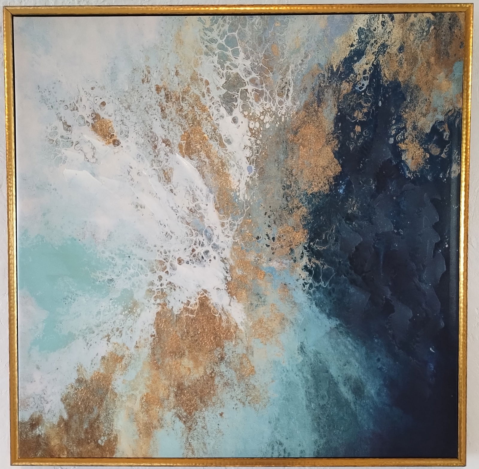 Large Abstract Art Framed Oil Painting On Canvas (Ocean Blue): Large Abstract Wall Art Framed Oil Painting On Canvas for Living Room Wall Decor.. Approx Painting Size: 35 x 35 Inches. Frame Size: 37 x 37 x 2 Inches. Good Condition See Photos. We pack & Ship for y