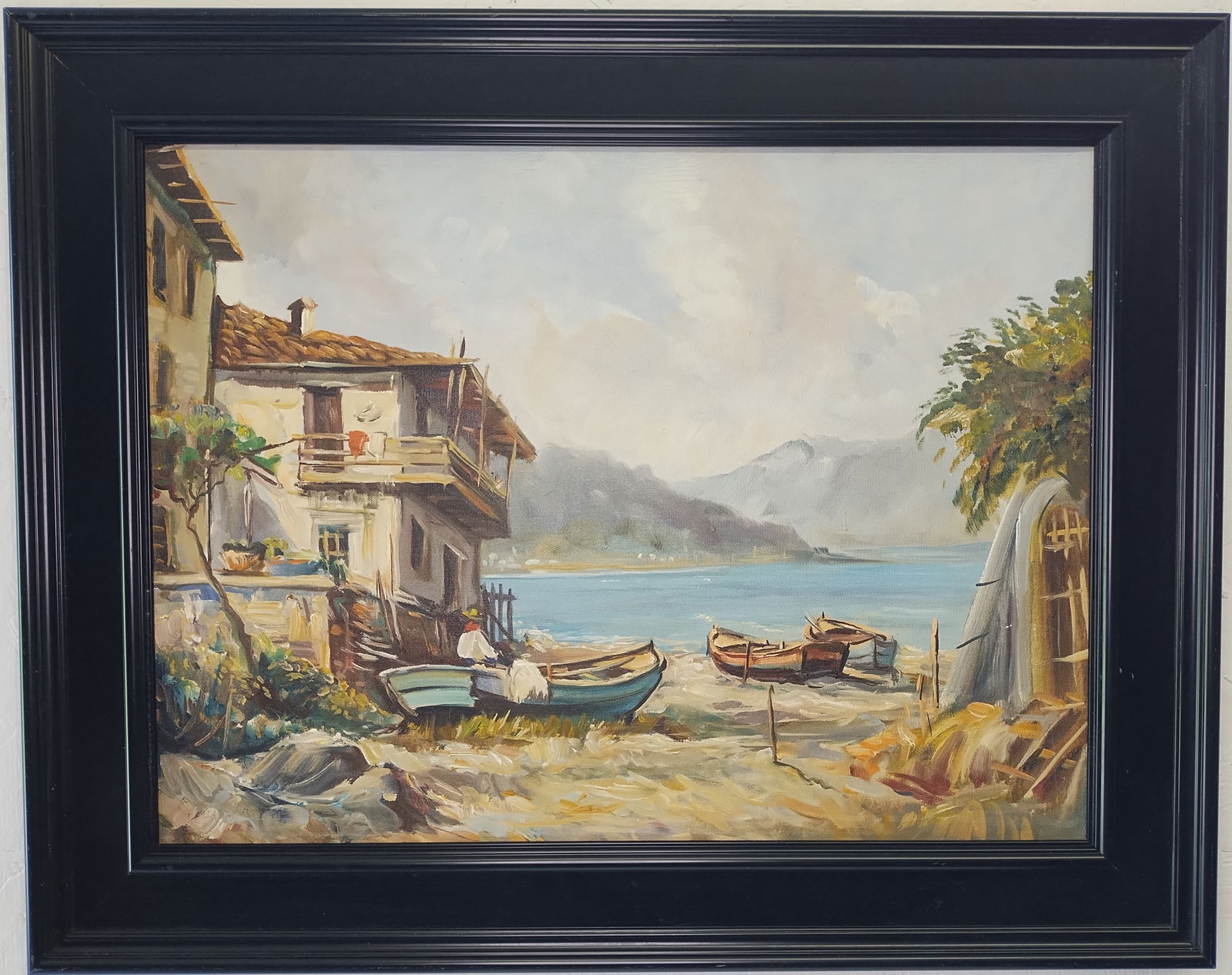Vintage 1970 G. Deaca born 1908 Large Oil Painting Eurpean Village, Boats & Lak: Vintage 1970 G. Deaca born 1908 Large Oil Painting Eurpean Village, Boats & Lake Was a Romanian artist known for his landscape paintings, particularly those in the impressionistic style. He traveled e