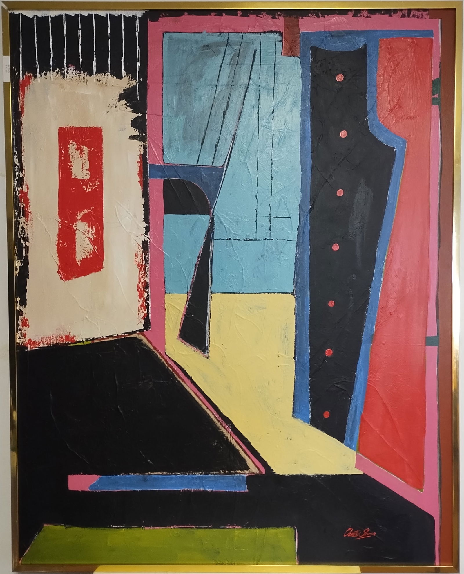 Huge Abstract Geometric Expressionism Composition Signed Painting On Canvas: Huge Abstract Geometric Expressionism Composition Signed Painting On Canvas. Featuring abstract composition TEXTURE.Large Painting. Approx Painting: 48 x 36 inches. Approx Frame Size: 49 x 37 x 1 1/2