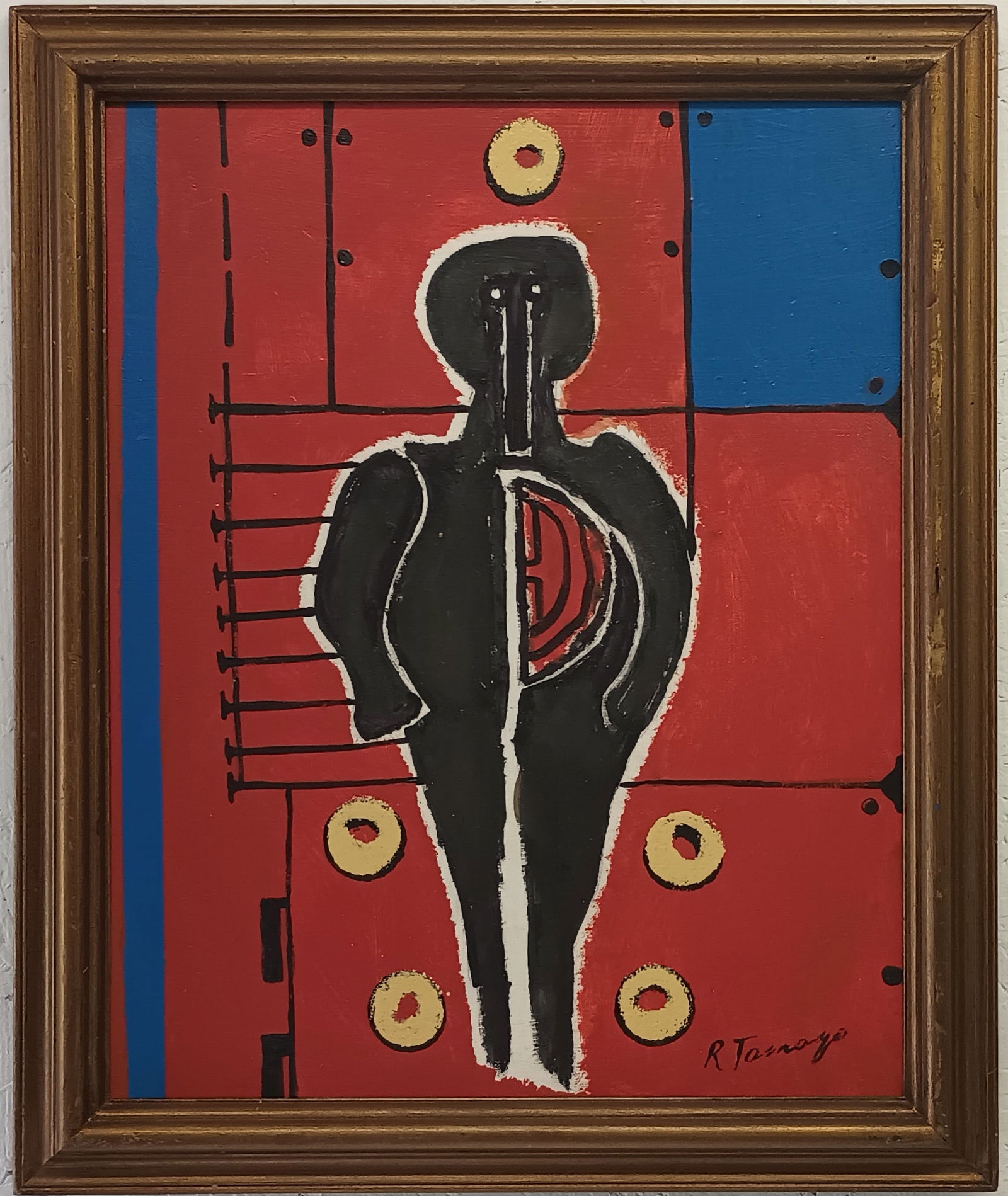 Abstract Painting on Masonite Signed R Tamayo: Abstract Painting on Masonite Signed R Tamayo. Approx Painting Measurements: 20 x 16 inchesApprox Frame Measurements: 20 x 24 inches.SEE PHOTOS as part of the description. Good condition.It is being s