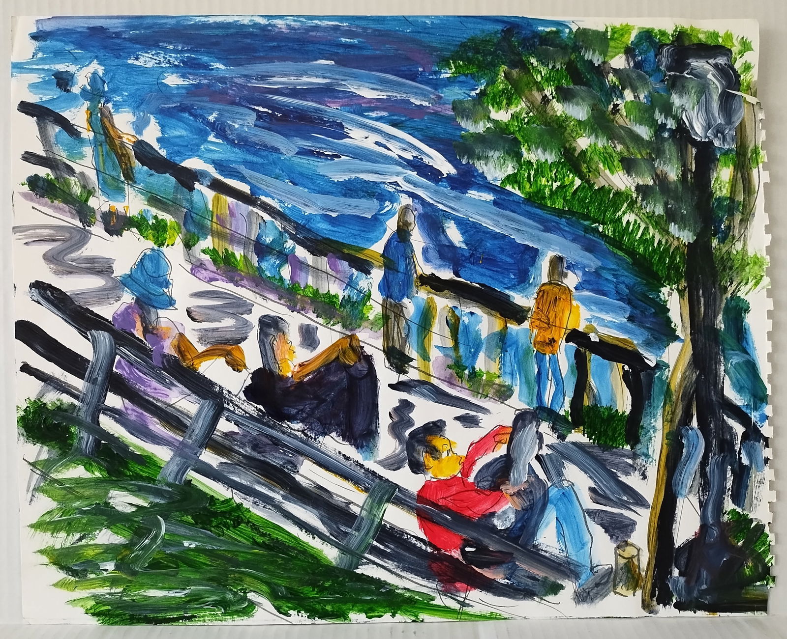 Plain Air - Looking from the Bench at the Hudson-: Plain Air Robert Sundholm Painting -Looking from the Bench at the Hudson- . Painting Size: 17 1/2 x 14 inchesOriginal Acrilyc on Cardboard Landscape at the Hudson by contemporary New Jersey artist Rob