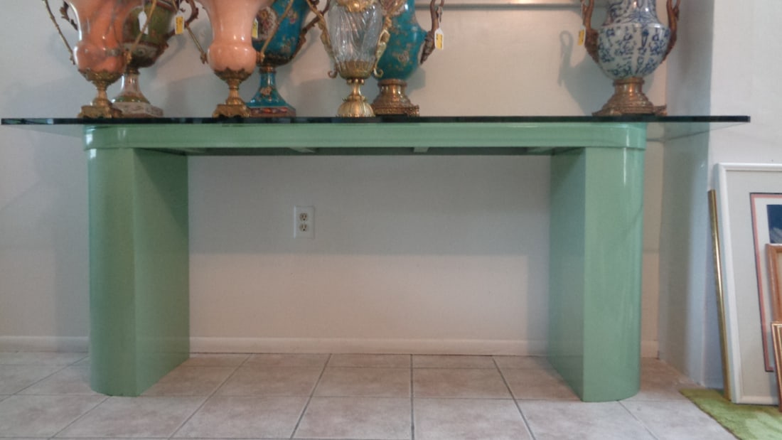 Long Light Green Formica Glass Top Sofa: Long Light Green Formica Glass Top Sofa Table-Small ship on glass-some scratches- see photo- Measurements:71"1/2 x 17"1/2 x 32" Height - Glass: 84" x 22" 1/2 x 3/4 Polish Edge.